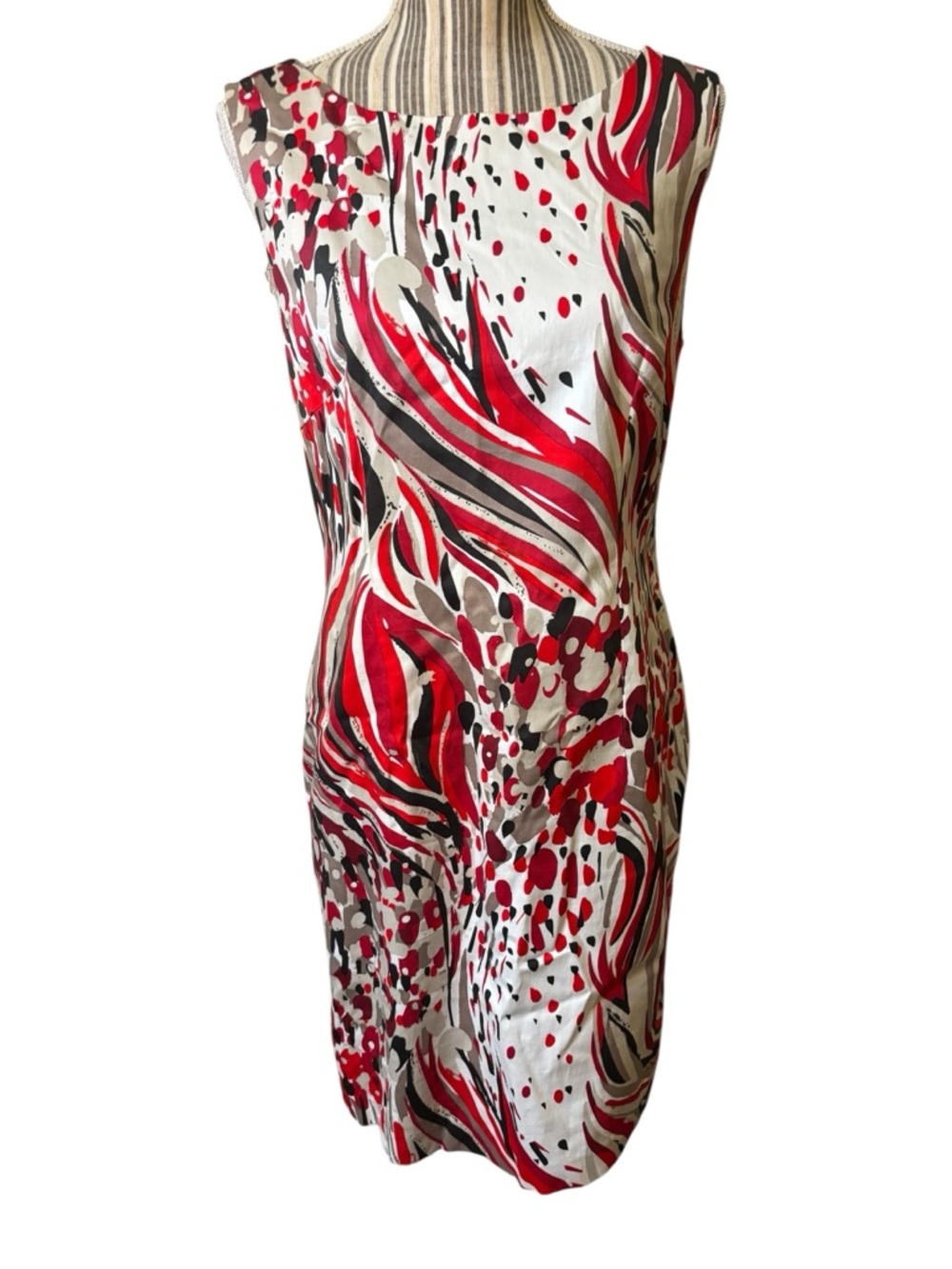 Richard Malcolm Dress Size 8 Red Black Tan White Abstract Cotton Spandex Sheath